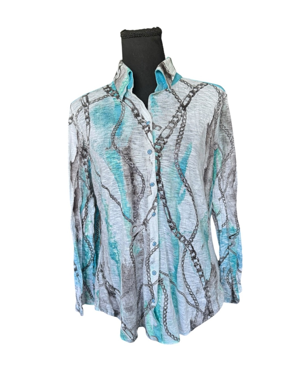 David Cline M Chain Print Rhinestone Button Down Shirt Turquoise Gray USA